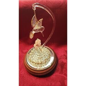 Glass Hanging Hummingbird In Flight W/ Pink Rose On Mirror & Wood Base Music Box